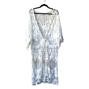Vtg Nostalgia Lace Kimono Size L Boho Embroidered Cover Up Ivory Tie Front